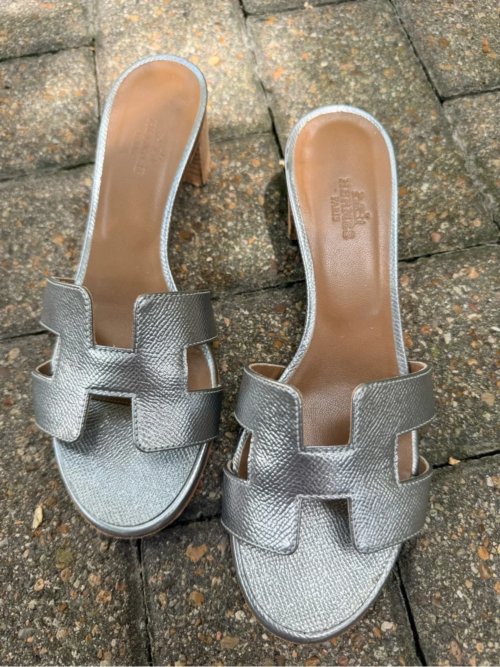 Hermes Silver Leather H-Strap Mule Sandals